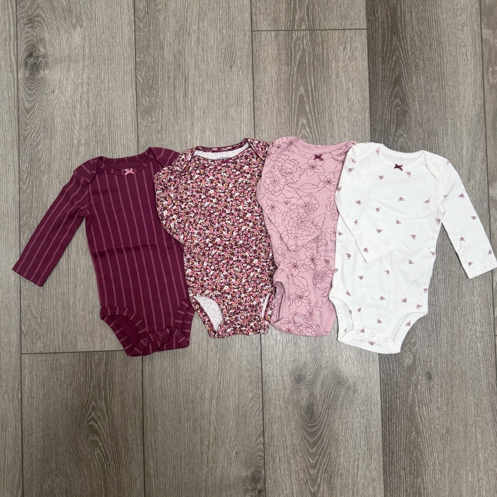 CARTERS 4PC LONG SLEEVE BODYSUIT SET FLORAL PURPLE WHITE 6MO